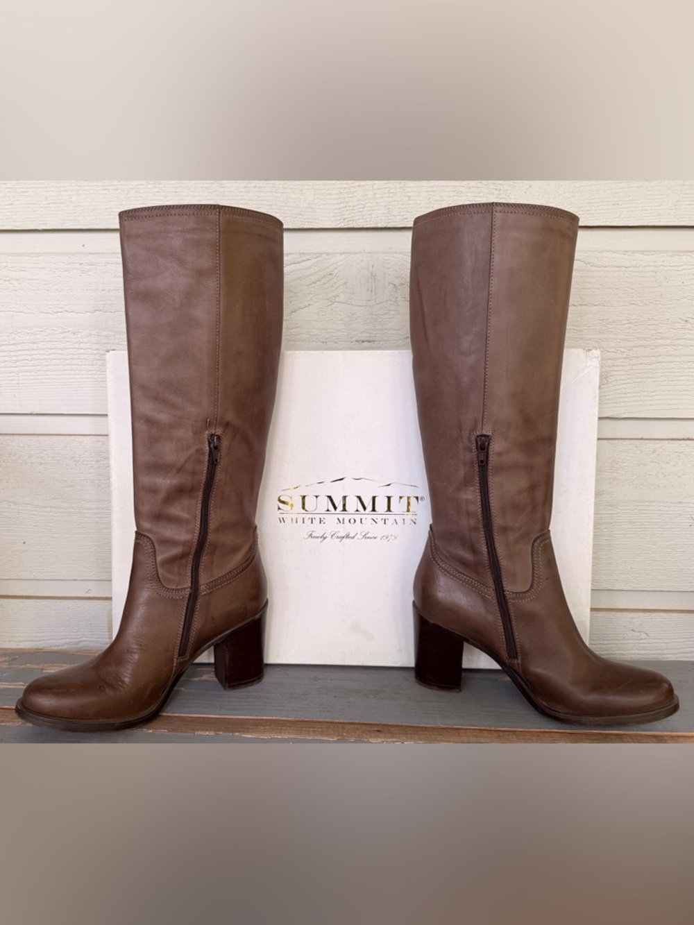 Summit White Mountain Brown Leather Knee Boots with Block Heel